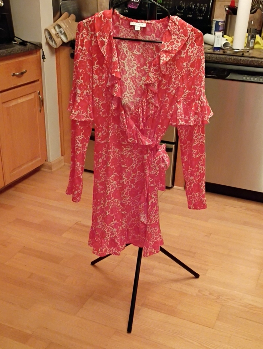 Topshop Coral Floral Wrap Midi Dress with Ruffle Trim